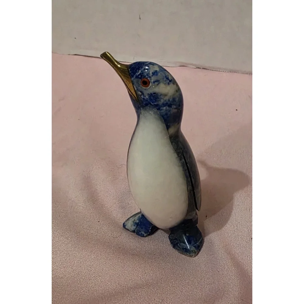 Carved Lapis Lazuli Penguin Figurine with White Onyx Belly and Brass Beak 2.1
